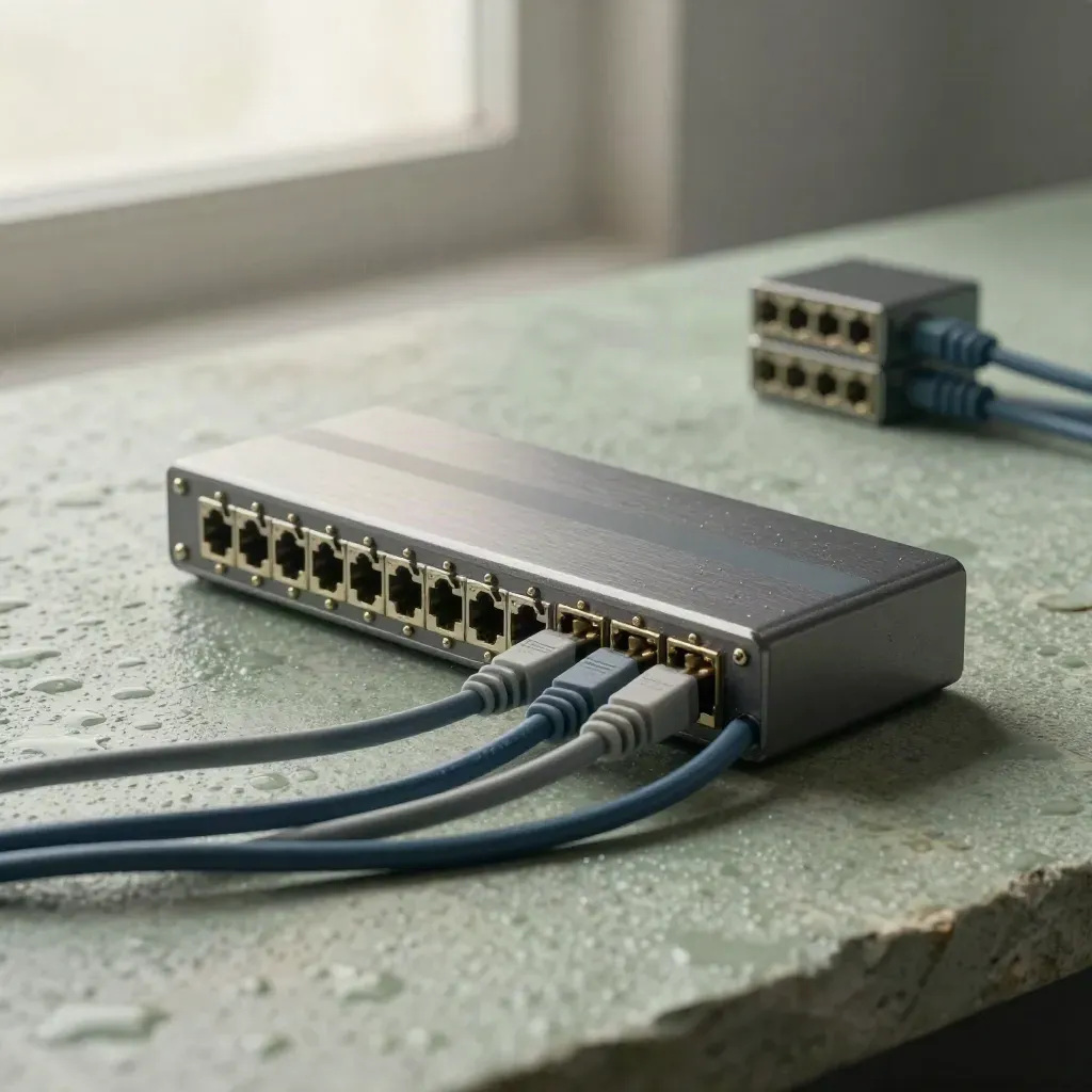 Network gateway, braided cables, and connector blocks on pale stone in soft rain haze.