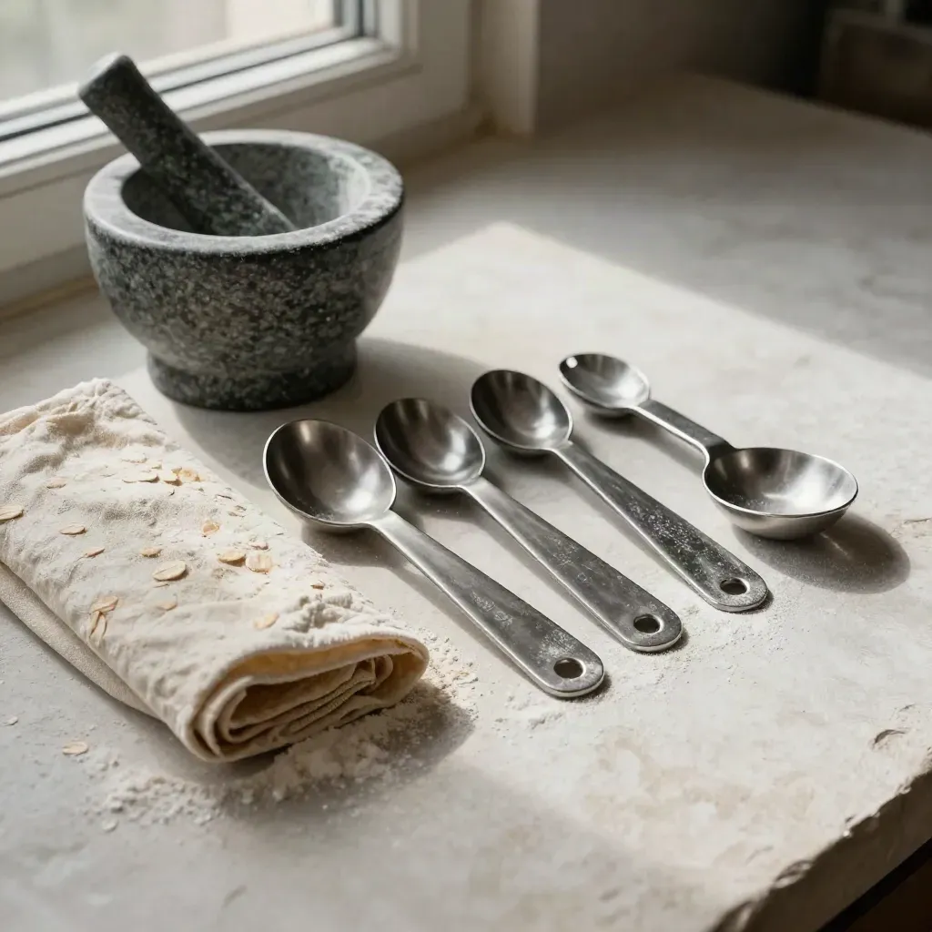Measuring spoons, linen wrap, and stone mortar on pale plaster with flour dust.