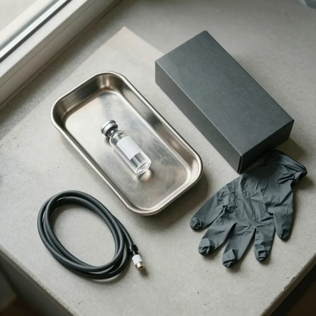 Top-down clinical still life with tray, vial, glove box, and pulse-ox cable on concrete.