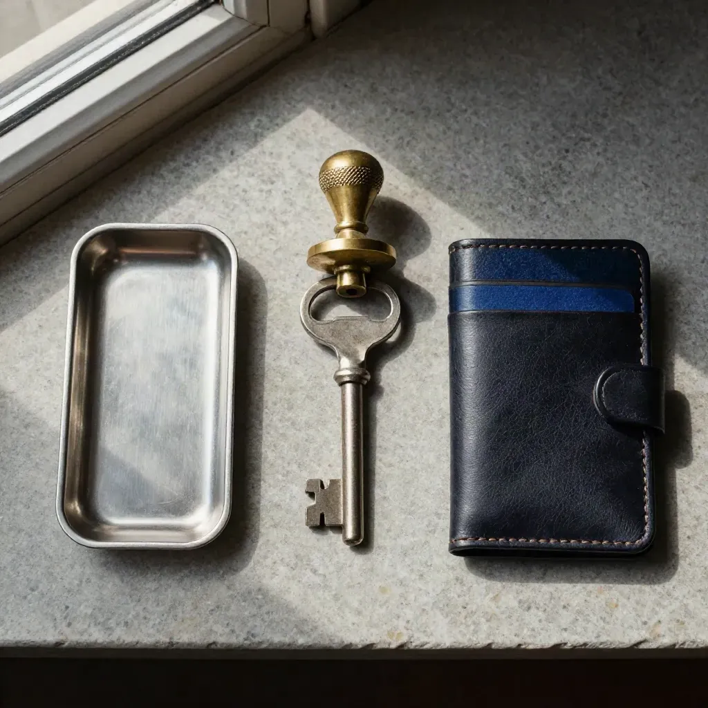 Top-down still life of a vault key, brass seal stamp, tray, and closed leather case.