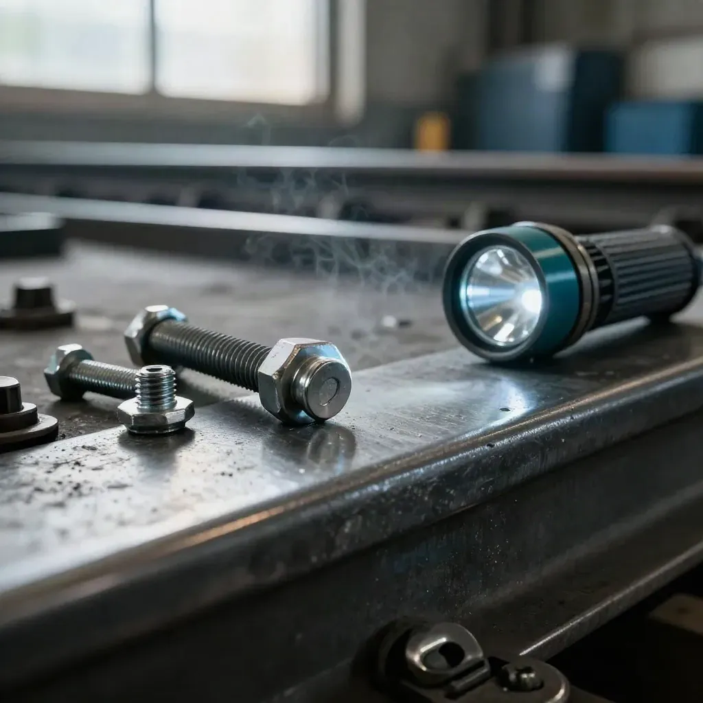 Macro rail fasteners, coupling pin, and inspection flashlight on brushed metal in cool haze.