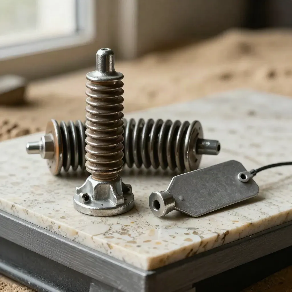 Ceramic insulator and transformer coil on pale stone, lit dramatically with sand-toned space.