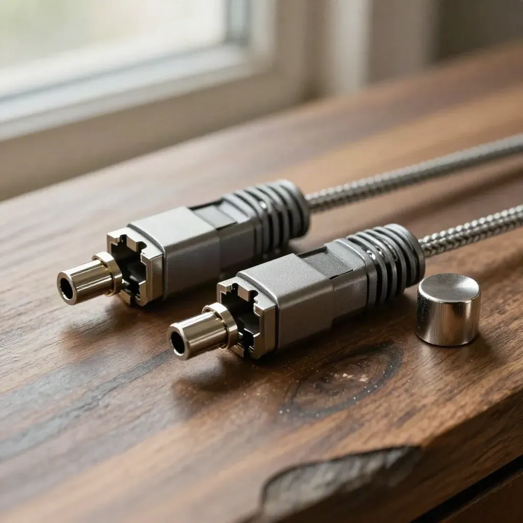 Macro of two RJ45 keystone couplers with braided patch leads and a tiny metal cap on walnut-toned surface.