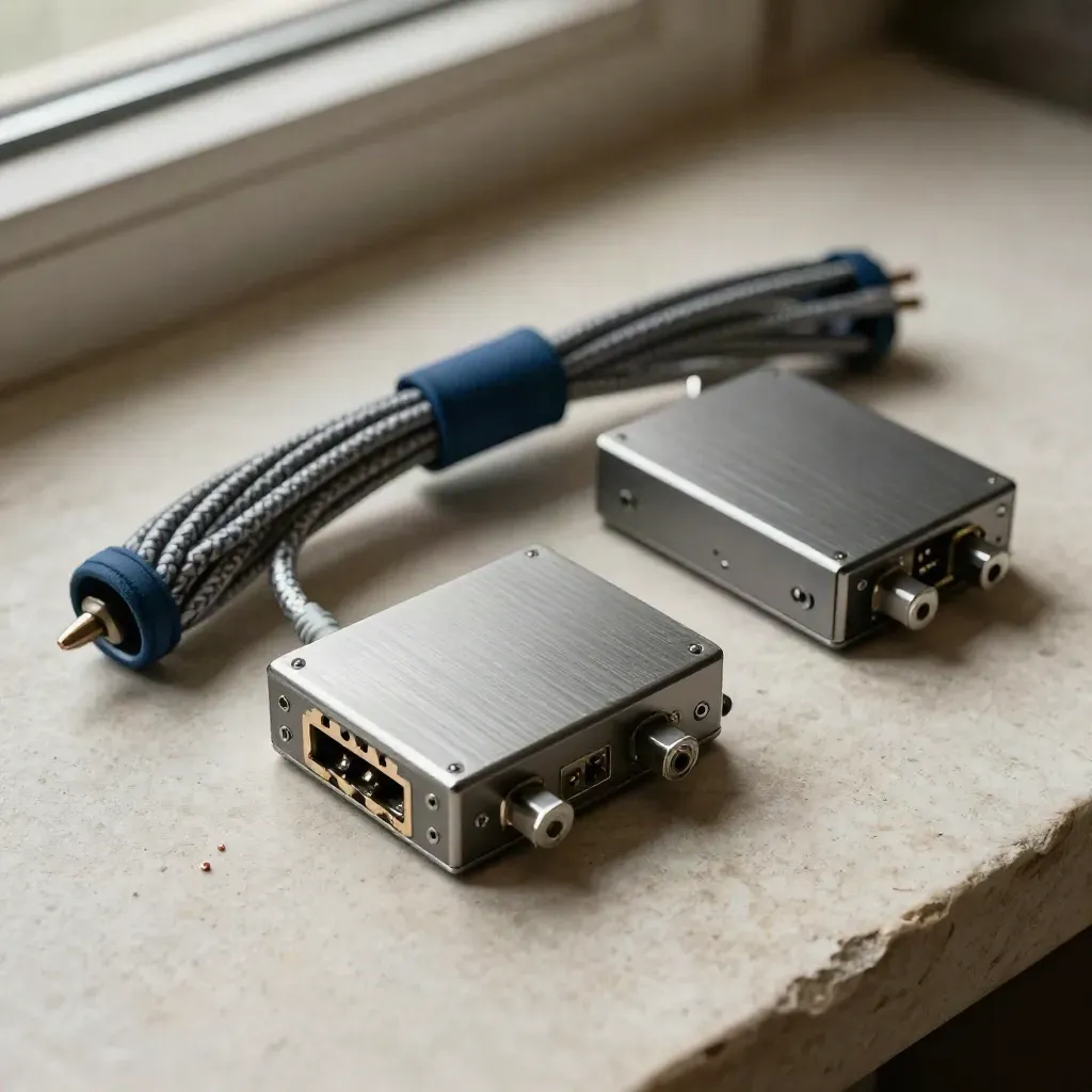 Two relay modules and a coiled twin cable on pale stone in dramatic macro light.