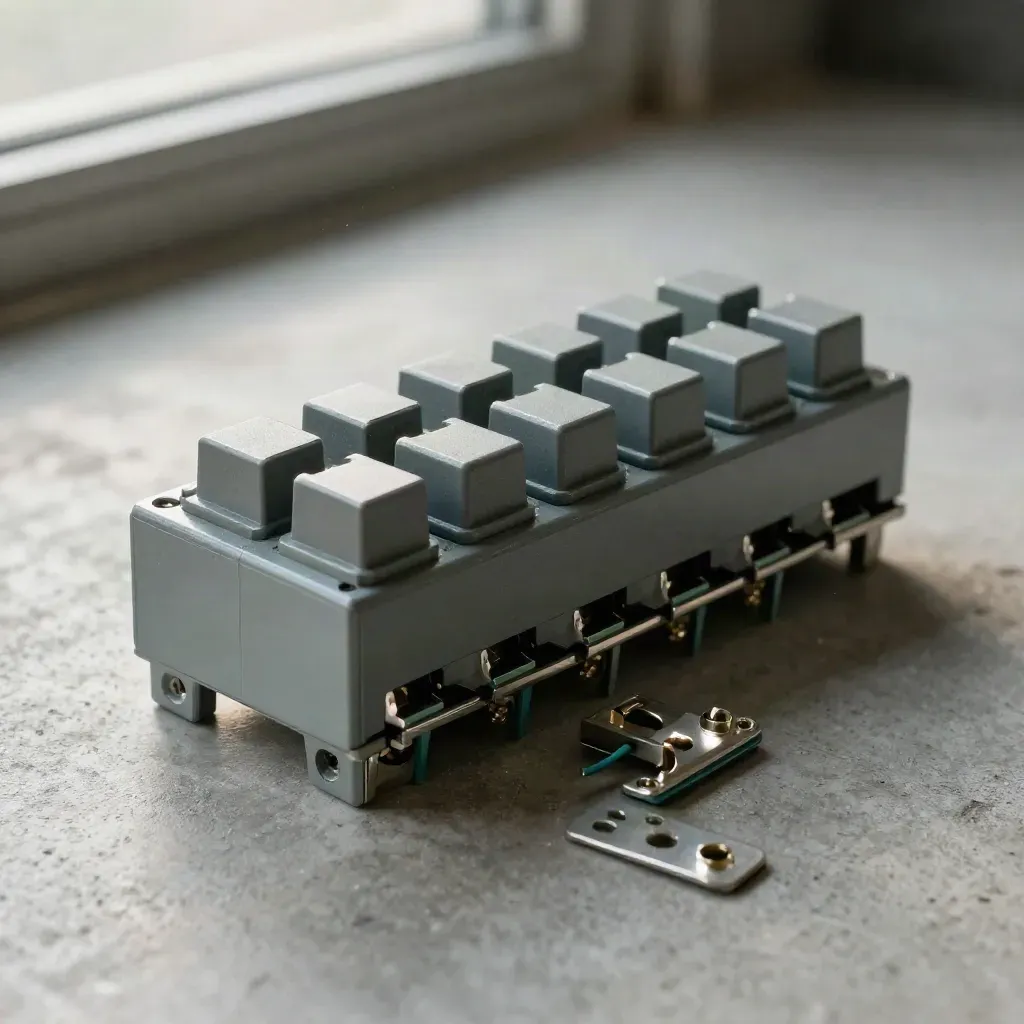 Top-down macro of a relay block with jumper tabs and a stainless bridge on concrete.