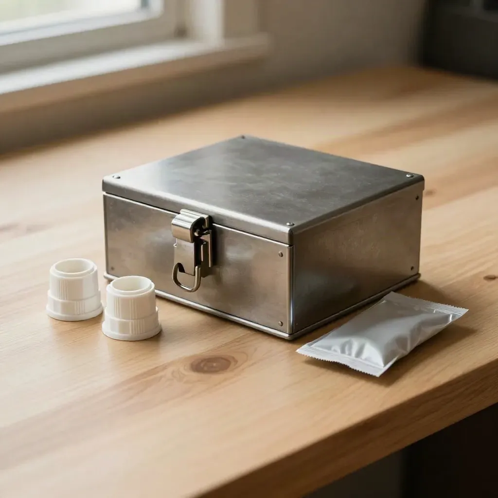 Compact metal gateway box with latch, adapter caps, and connector pouch on pale wood.