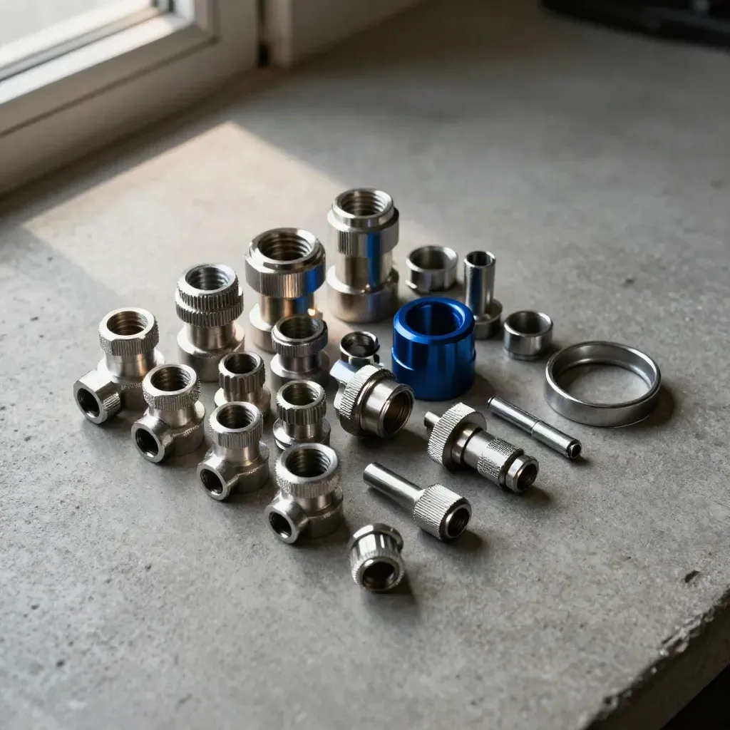 Overhead cluster of metal adaptor ends, plugs, terminals, and a blue coupler ring on cool concrete.