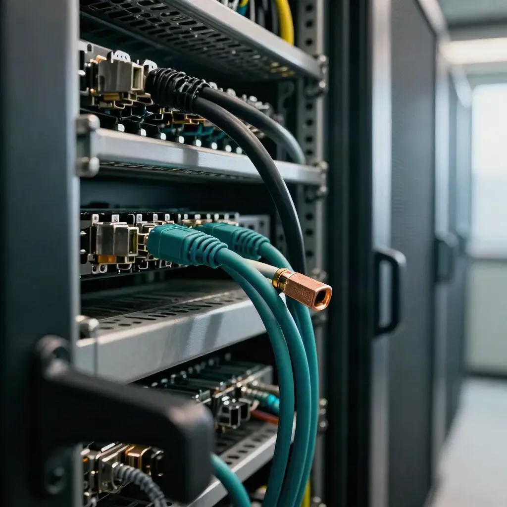 Server rack close-up with rack nuts, cable comb, grounding lug, and handle in cool industrial light