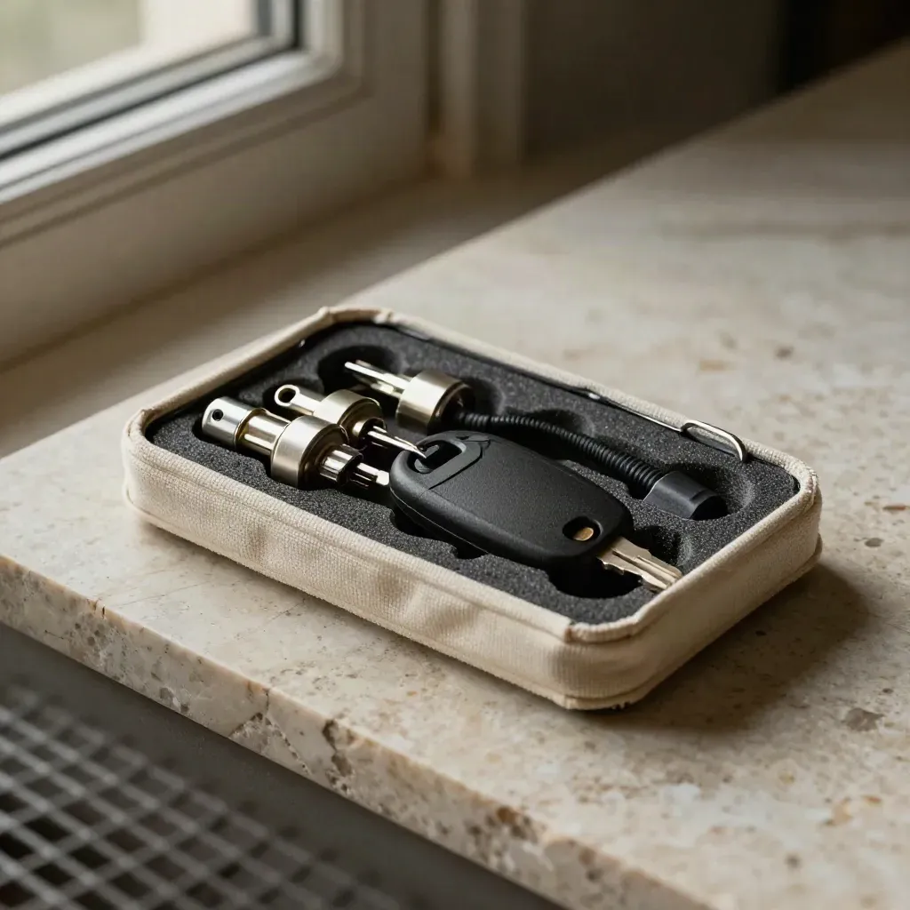 On a stone slab, an onboarding kit with seals, adapter heads, key fob and cable lock, seen through mesh.
