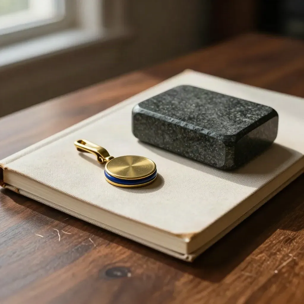 Brass token, linen notebook, and stone paperweight on walnut in soft daylight.