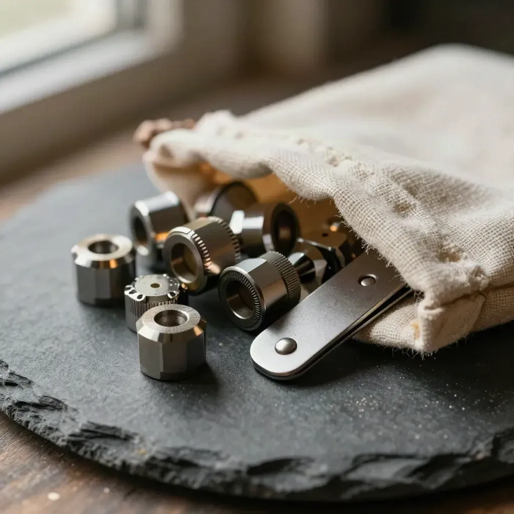 Macro still life of adapter pucks in a linen pouch with a metal clip on slate.