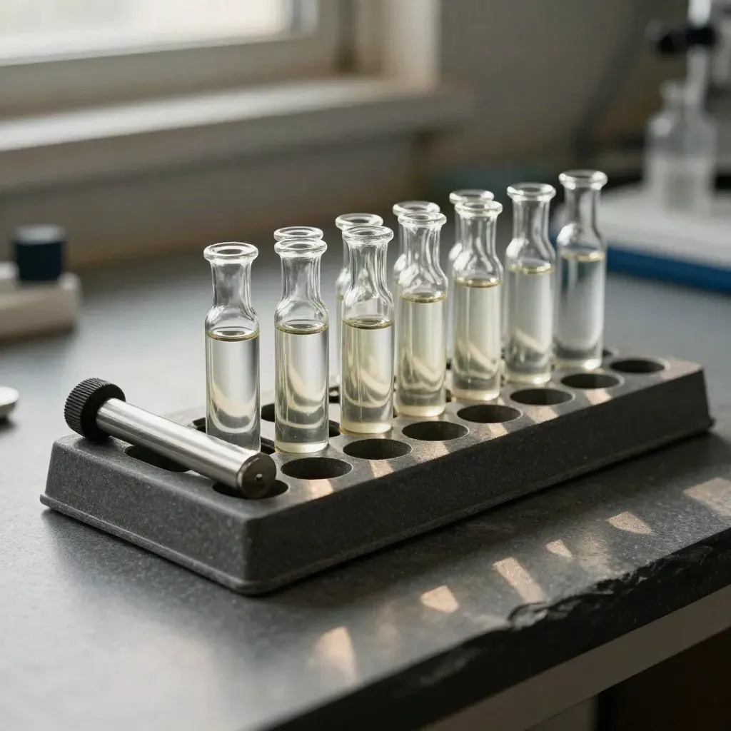 Sample vials, a steel capping tool, and a stopper tray on slate with dramatic studio light.