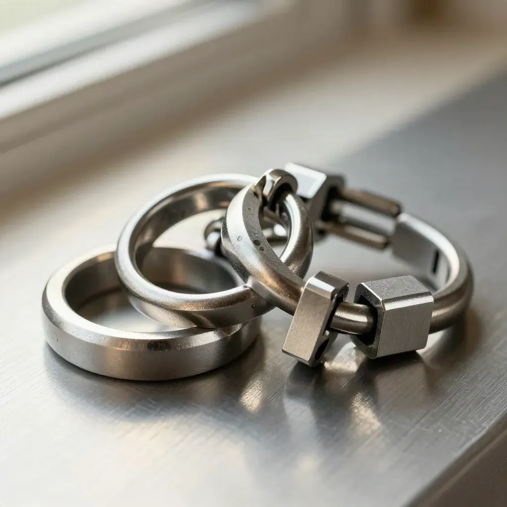 Macro of machined rings, clips, and connector blocks on brushed steel in a calm neutral tech still life.
