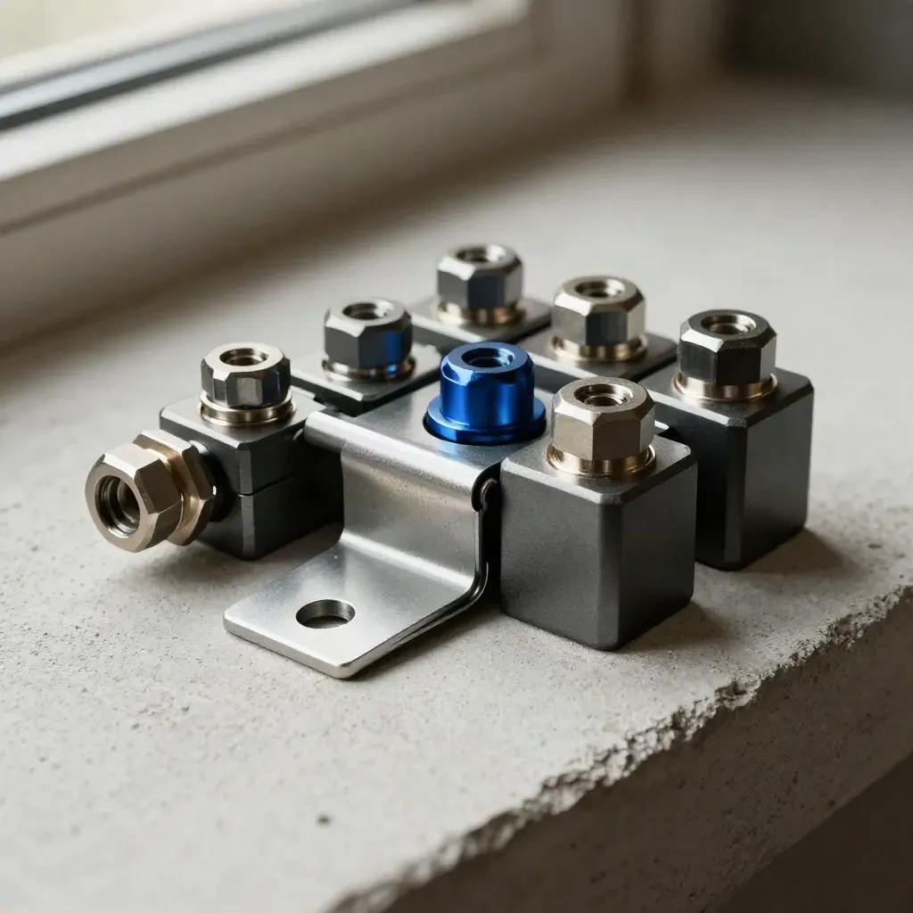 Matte graphite connector blocks bridged by a folded bracket, hex screws, and a deep blue accent on pale concrete.