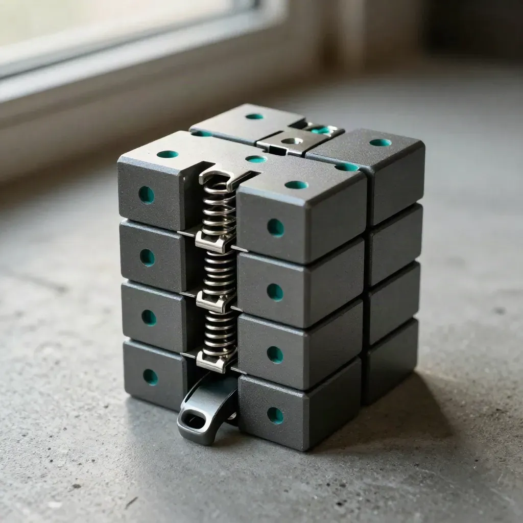 Top-down close-up of modular relay cubes, spring clips, and a cable guide on concrete.