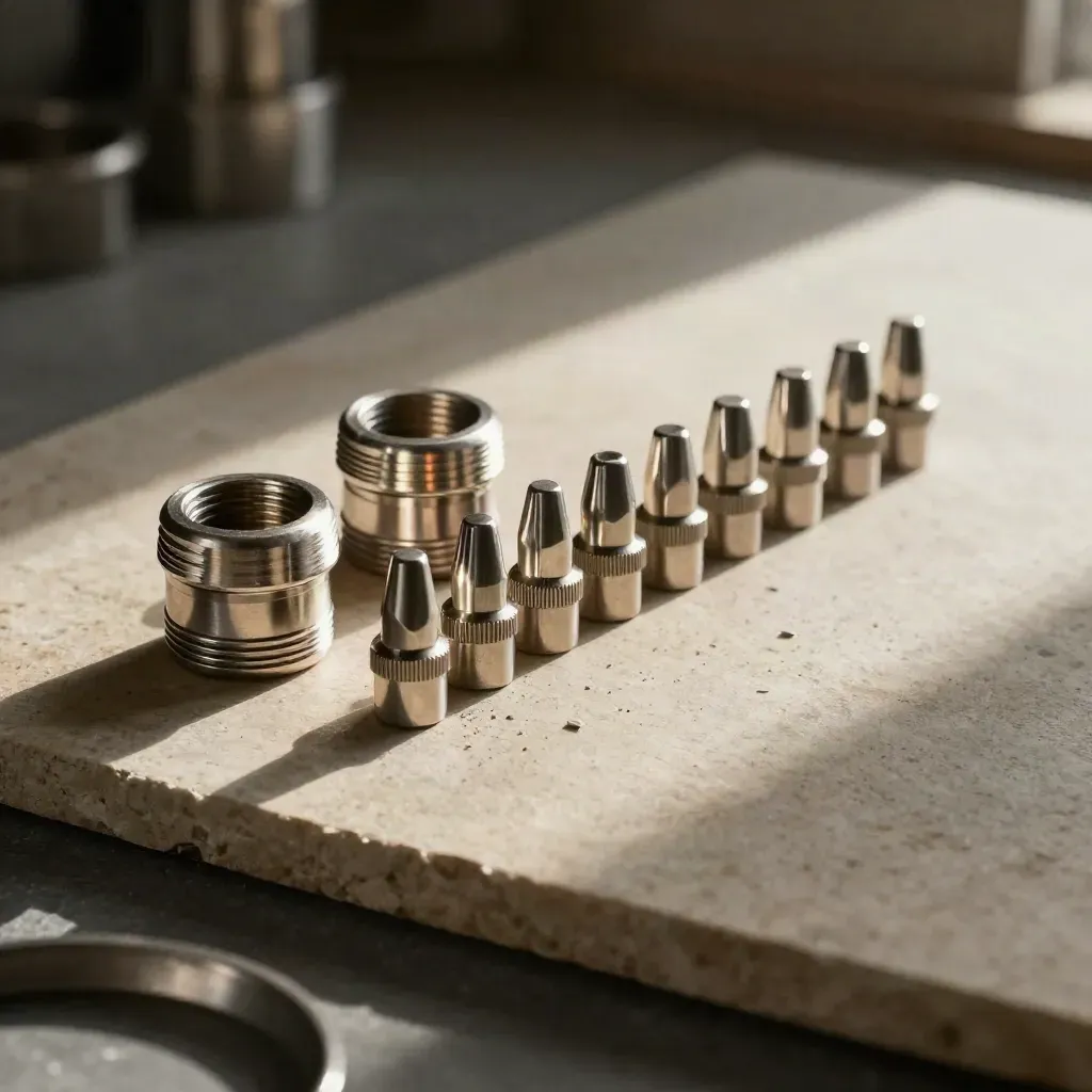 Linked silver washers and magnetic couplers with adapter tips on warm stone, overhead still life.
