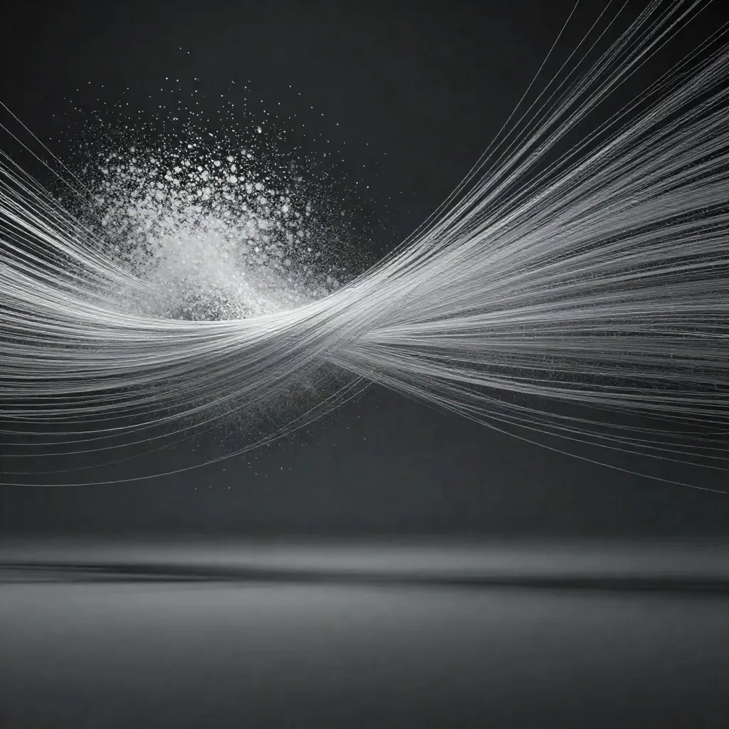 Abstract silver filaments stream into a soft white bloom in graphite haze, with calm copy space.