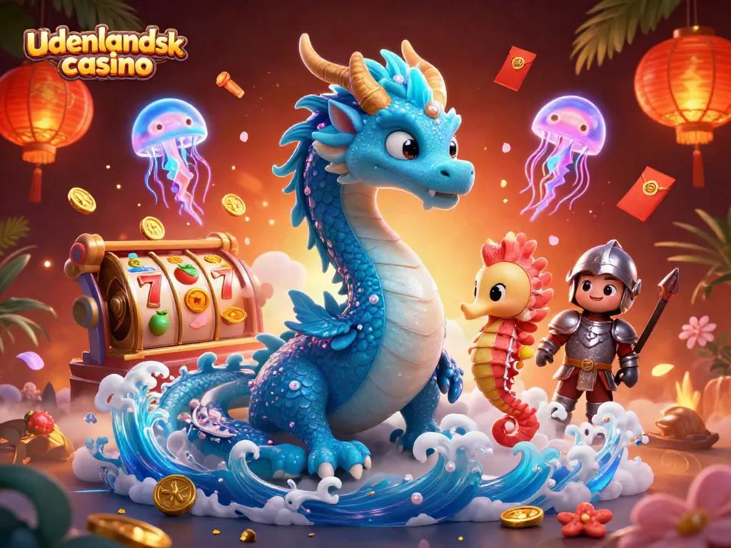 Experience the excitement of udenlandsk casino with vibrant dragons, seahorses, and dynamic gaming elements.