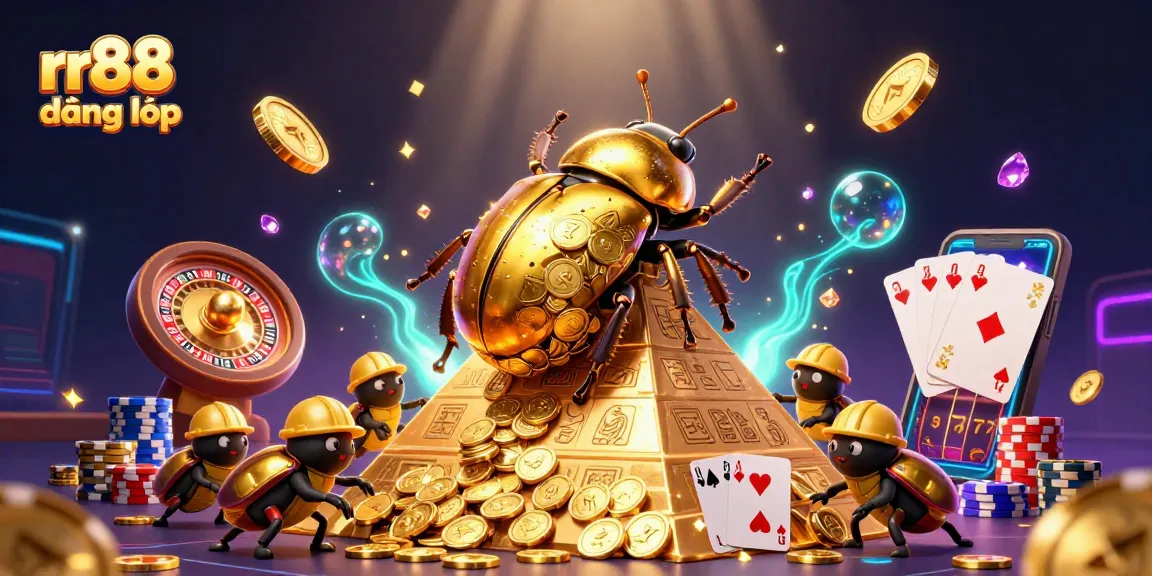 Experience rr88 đăng nhập with a dynamic scene of golden dung beetles and casino elements.