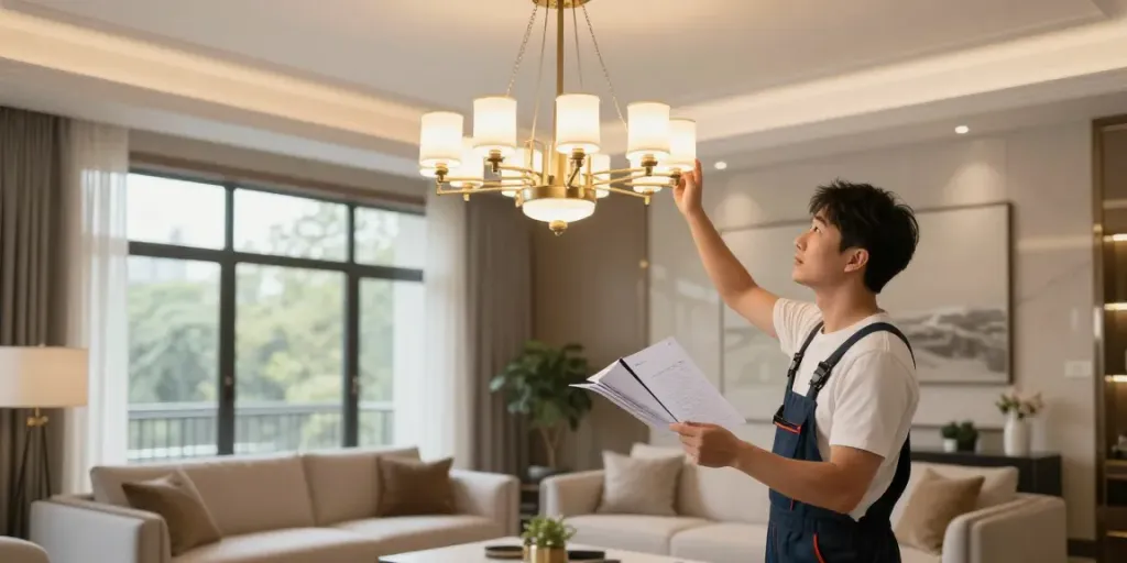 Lustra LED modernă instalată într-un interior elegant, oferind servicii locale de iluminat de încredere.