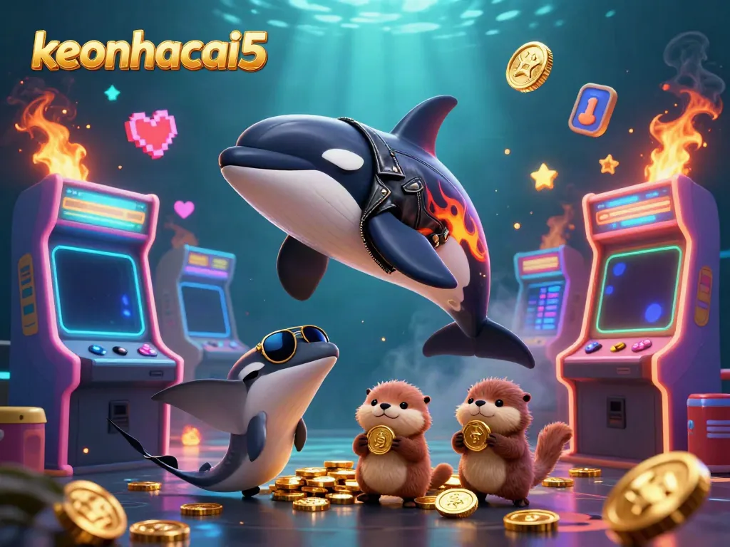 keonhacai5 showcases a vibrant underwater casino scene featuring playful characters and dynamic gaming elements.