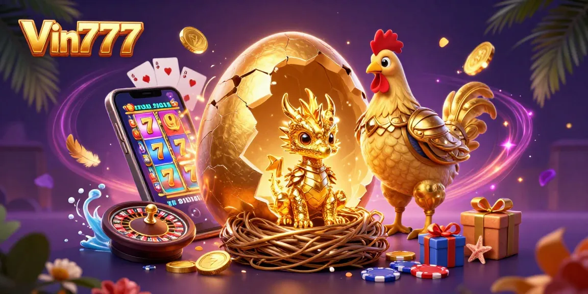 Experience Vin777's golden dragon guarding poker chips in a vibrant casino-themed fantasy scene