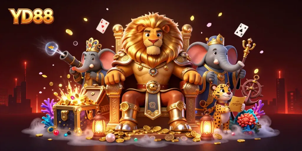Experience the excitement of YD88 in this vibrant 3D casino-themed illustration filled with interactive elements.