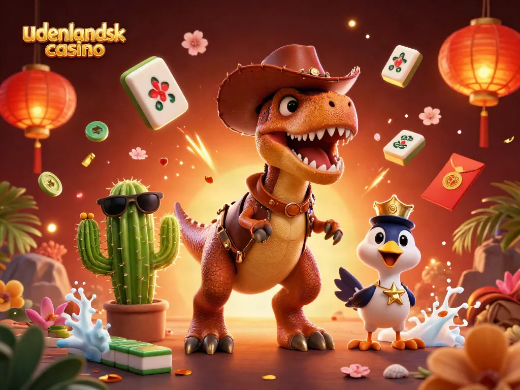 Experience the excitement of udenlandsk casino with a dynamic 3D illustration featuring engaging characters and iconic gaming elements.