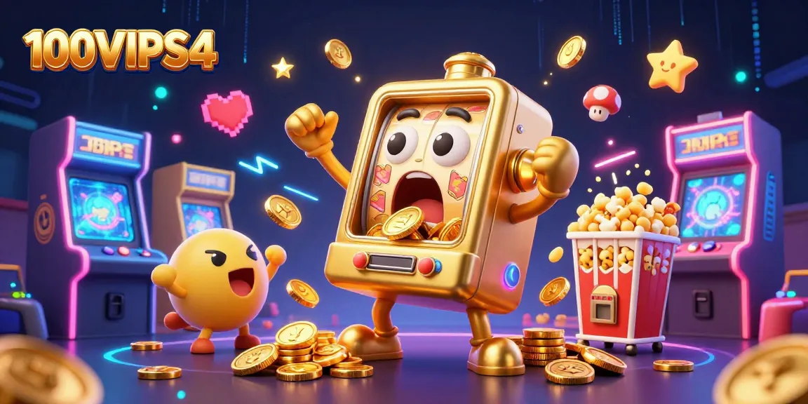 Feel the thrill at 100VIPS4 as the golden slot machine hits the jackpot amidst vibrant arcade games!