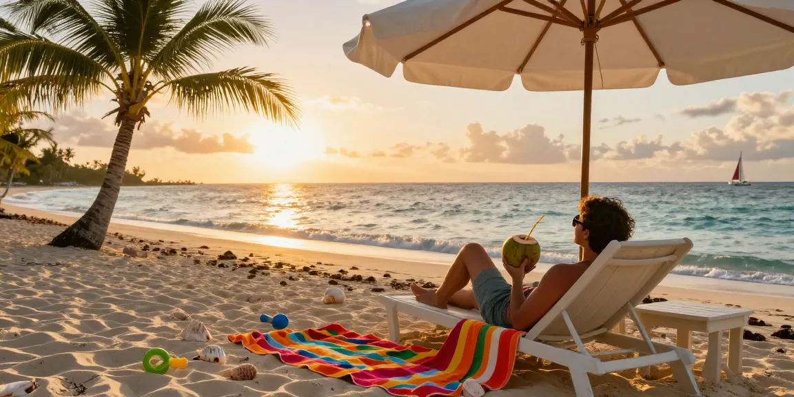 Relaxing at a beach in the Bahamas with coconut drink, rokok88 atmosphere.