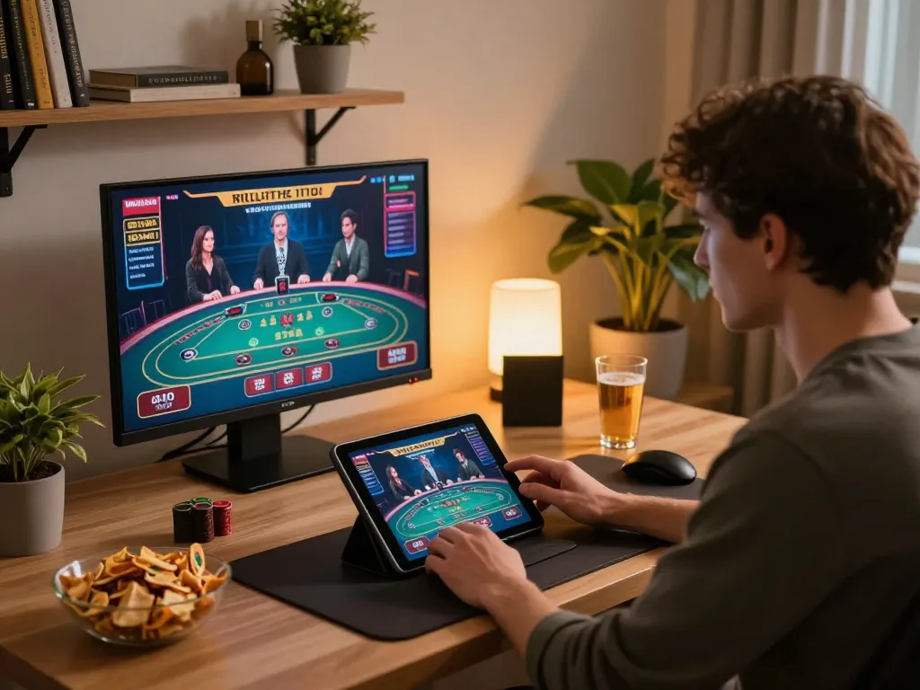 Player engaging in online debet gaming, focused on live dealer game displayed on tablet.