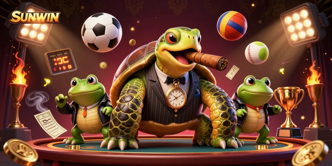 SUNWIN offers an exciting casino experience highlighted by a massive snapping turtle in a suit and bullfrog enforcers, showcasing vibrant elements.