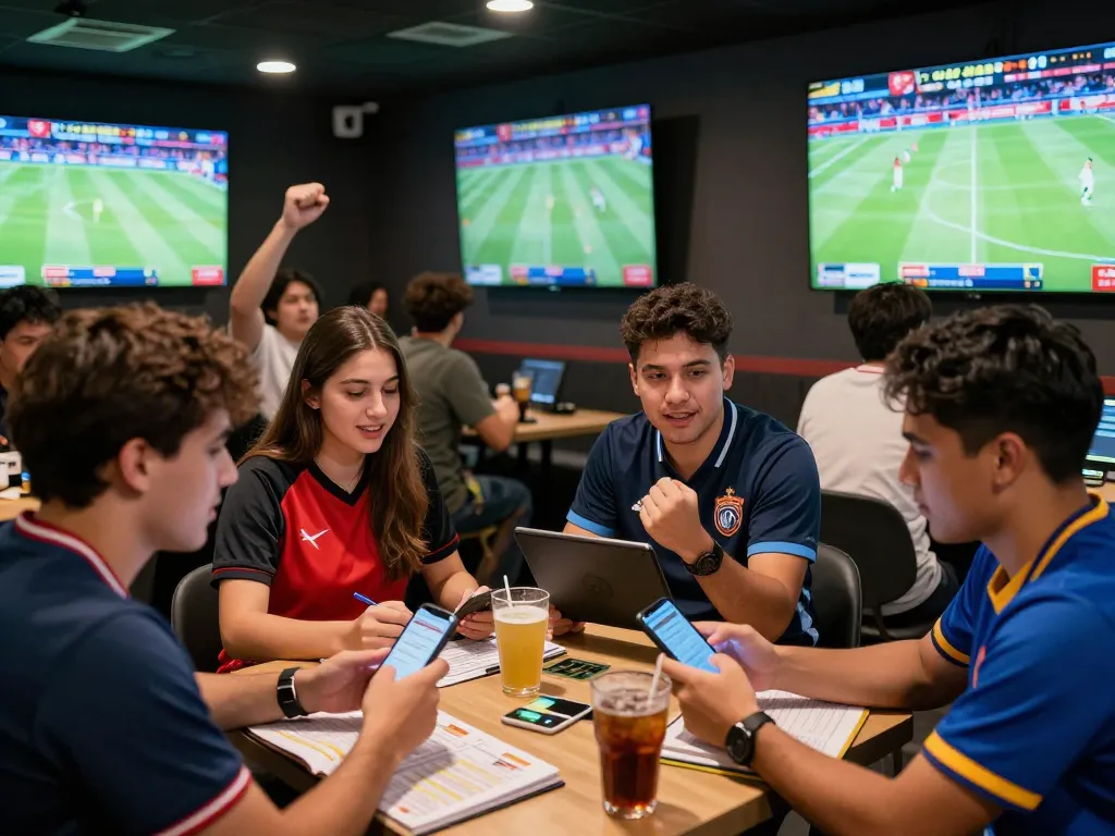 Tỷ lệ kèo nhà cái hôm nay featured in a lively sports betting lounge where fans celebrate wins and place bets