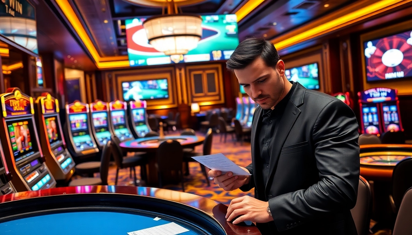 Exciting scene at Trang chủ 78Win with vibrant slot machines and poker tables showcasing luxury gambling.