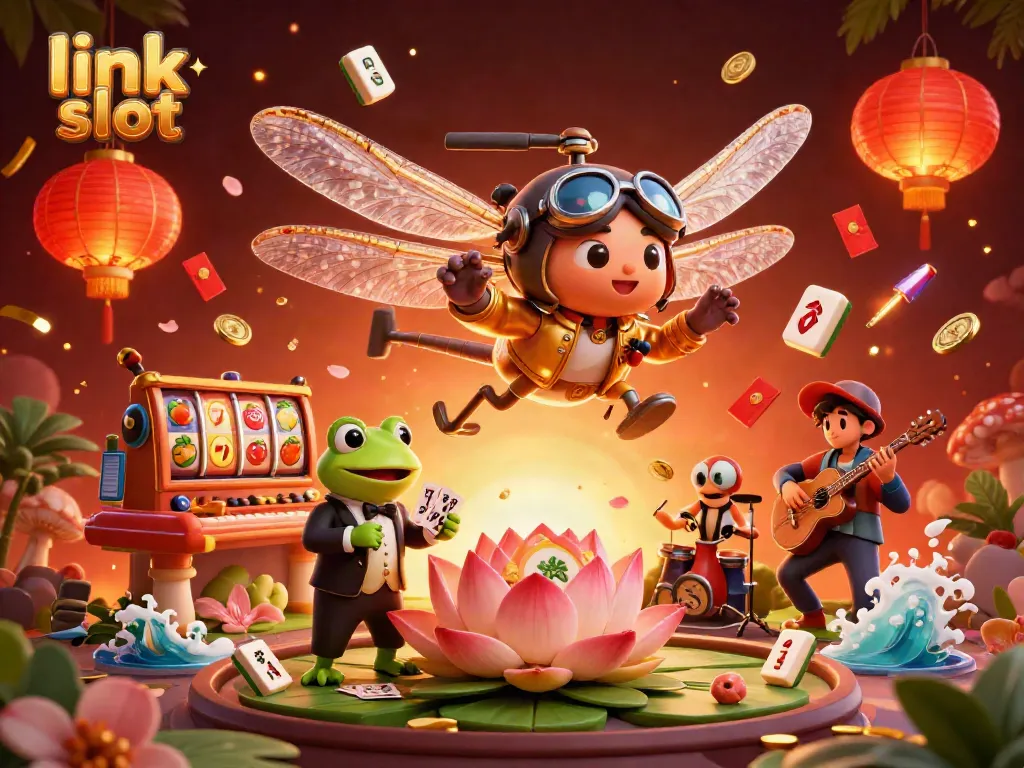 Experience thrilling gameplay with the link slot as a dragonfly pilot hovers over a lively casino scene.
