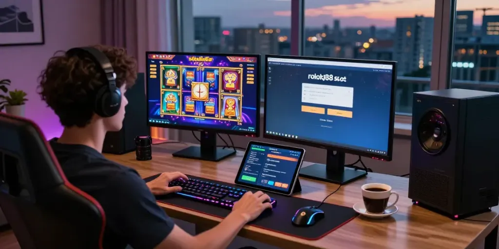 Exciting rokok88 slot login gaming scene with player at desk and vibrant slot games on screen.