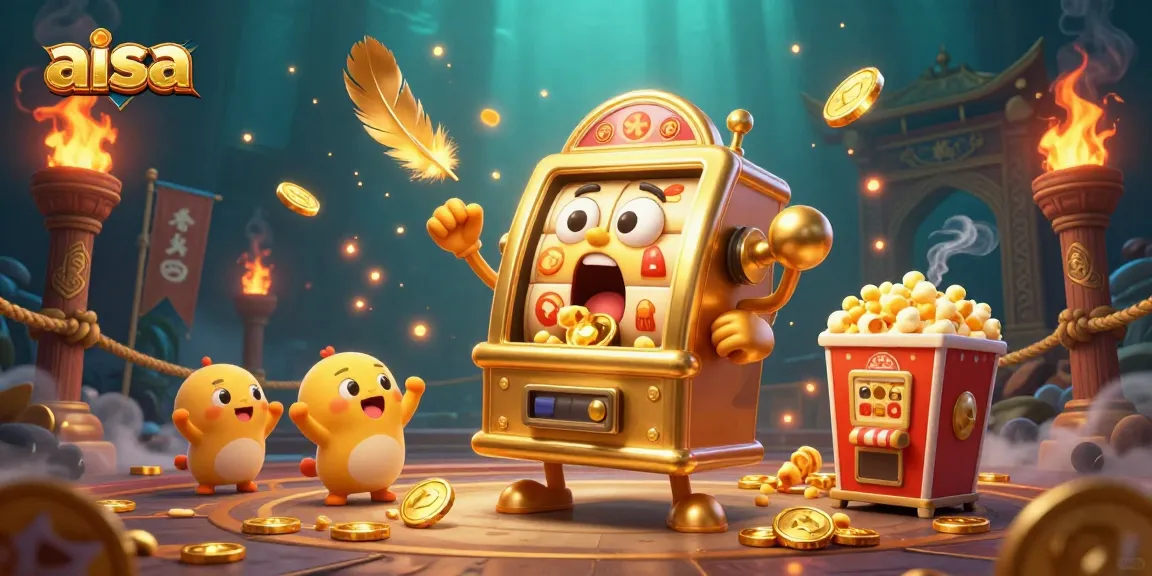 Aisa slot machine hits jackpot, showering coins while baby machines cheer amid a vibrant casino scene.