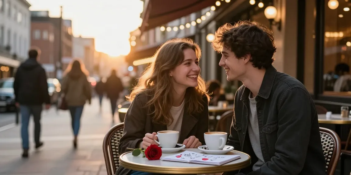 Couple enjoying coffee while having a crush on each other in a romantic café.