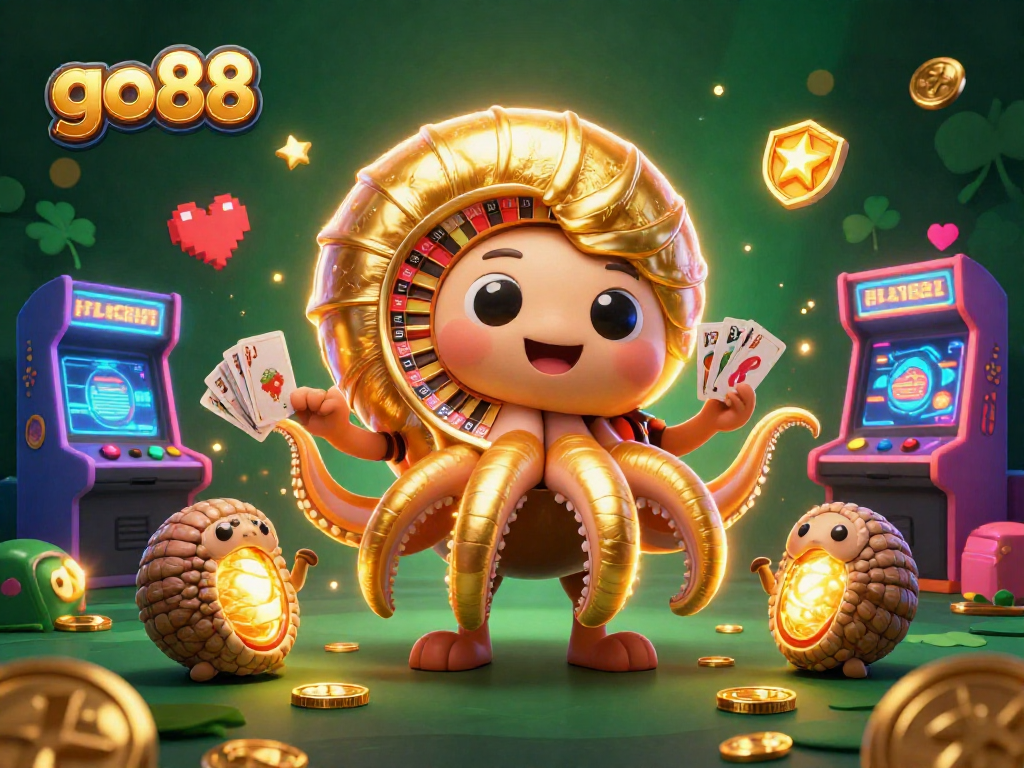 Experience the excitement at go88 with a vibrant 3D illustration featuring engaging casino elements and glowing characters.