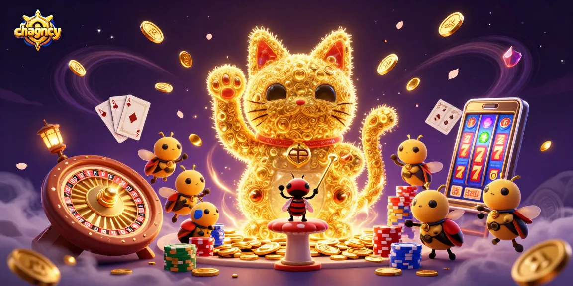Experience the thrill of chagency as golden fireflies become a lucky cat amidst casino excitement.