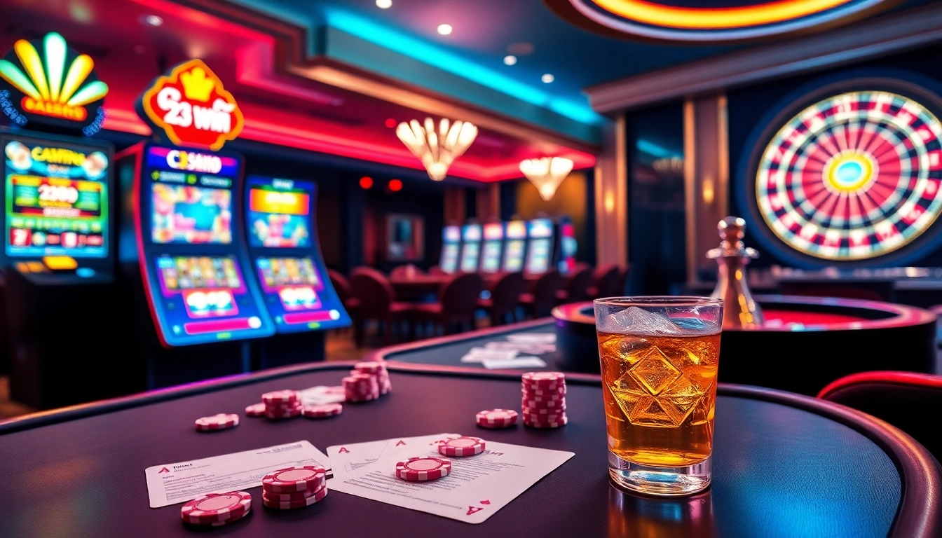 Experience luxury gambling at 23win with dynamic casino visuals featuring chips, cards, and roulette.