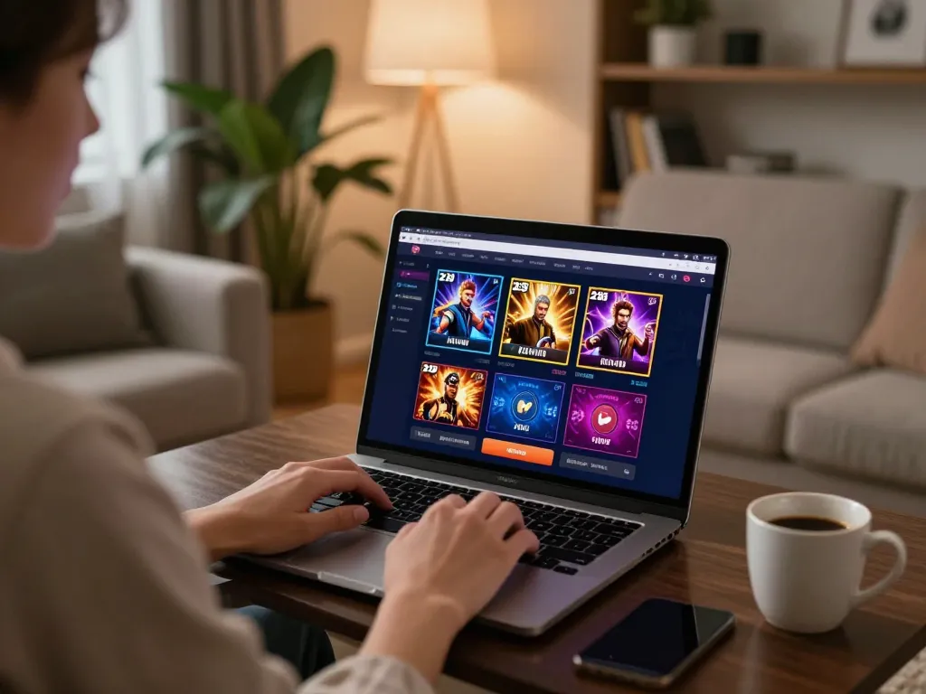 Engaging in online casino gameplay at 23Win, showcasing a laptop with vibrant game displays and cozy home ambiance.