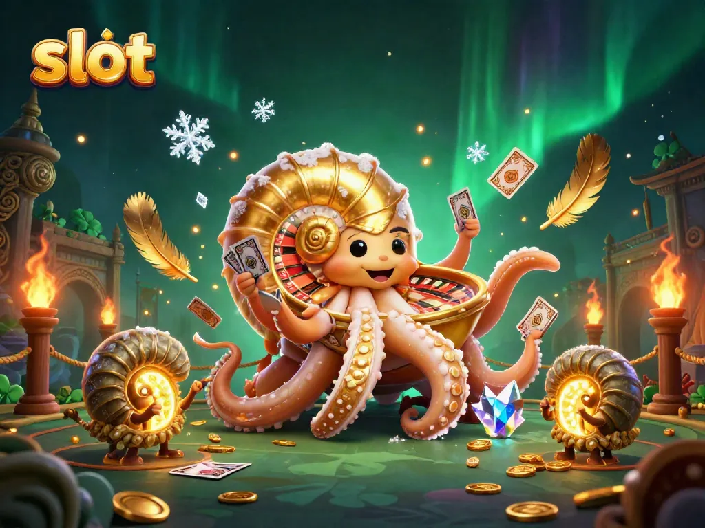 Experience thrilling slot gameplay with a 3D nautilus and glowing ammonites in a vibrant casino scene.