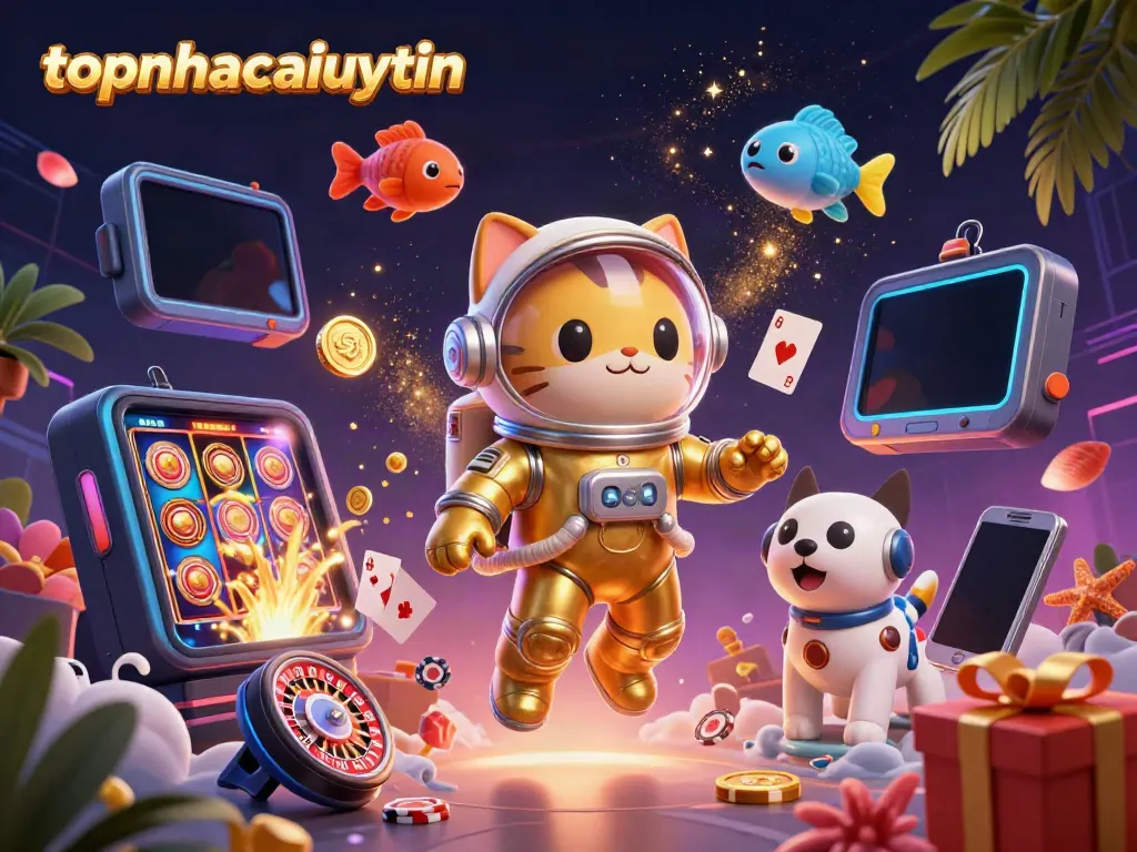 Experience topnhacaiuytin with a vibrant 3D space-themed gaming scene featuring animated casino elements.