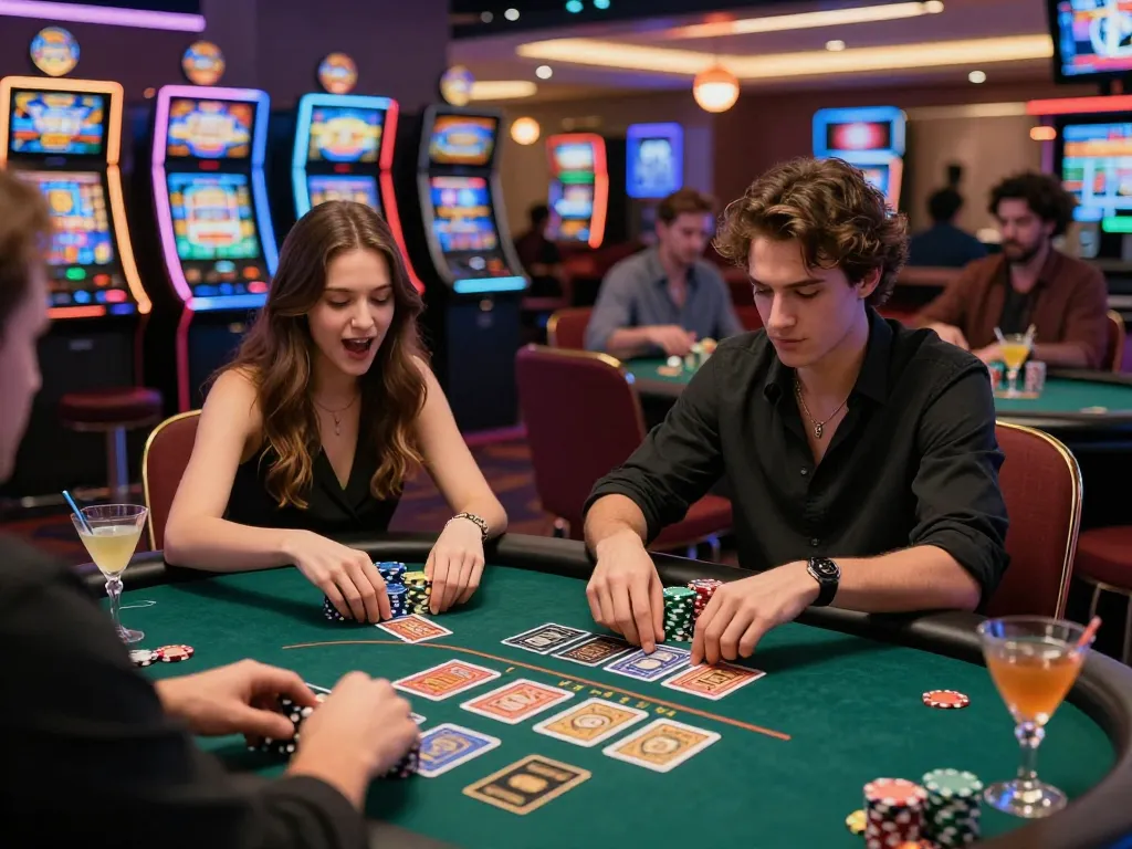 Exciting urban scene of young players engaging in gambling at a casino table while exploring tải sunwin options.