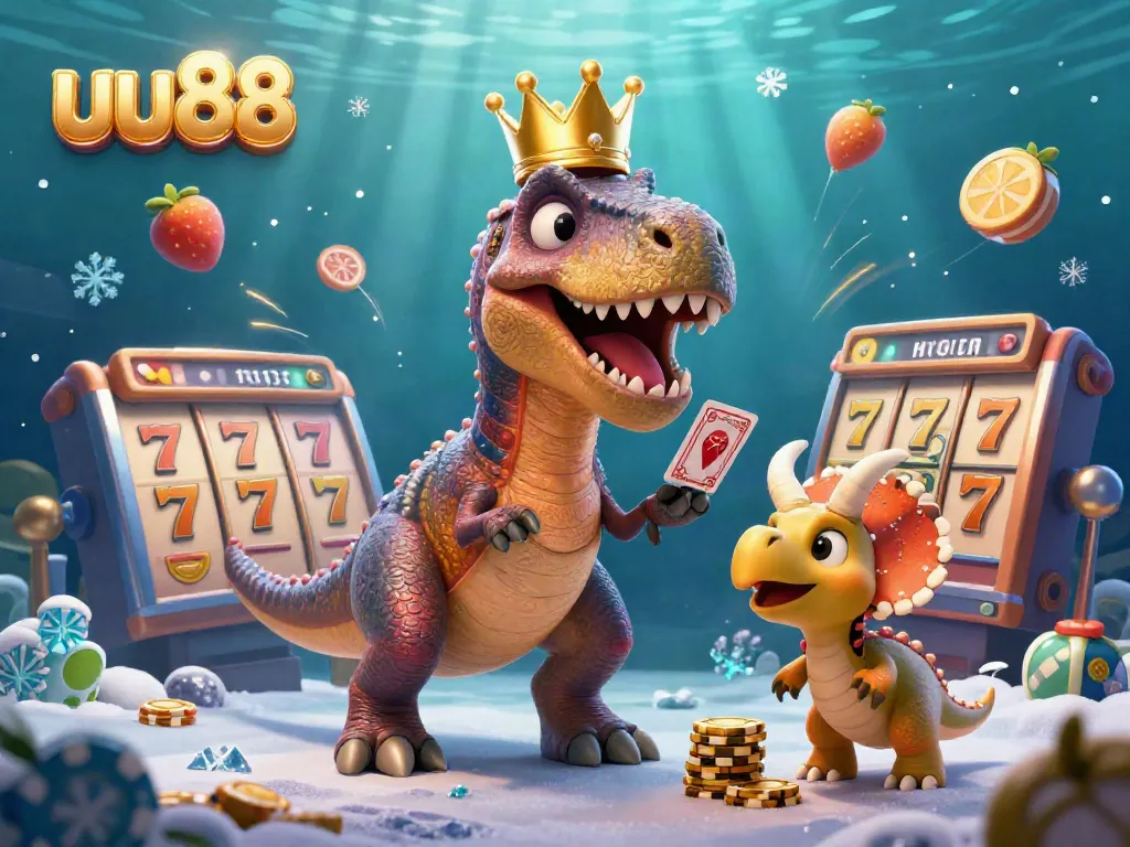 uu88's vibrant scene showcases a T-Rex shuffling cards, embodying casino excitement.