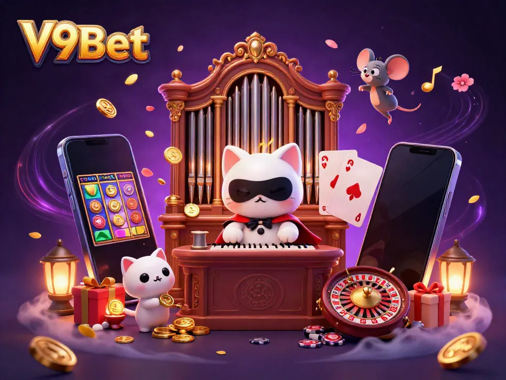 V9Bet's thrilling gaming experience showcased with vibrant characters and casino elements in an engaging 3D illustration.