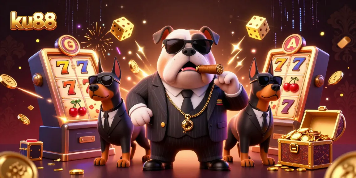 ku88 casino scene with a mafia bulldog boss and Doberman bodyguards surrounded by slot machine jackpots
