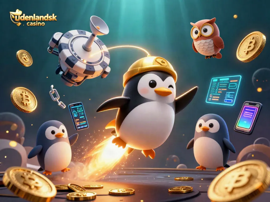 Experience the excitement of udenlandsk casino with a colorful 3D rendering of a golden penguin and crypto elements.