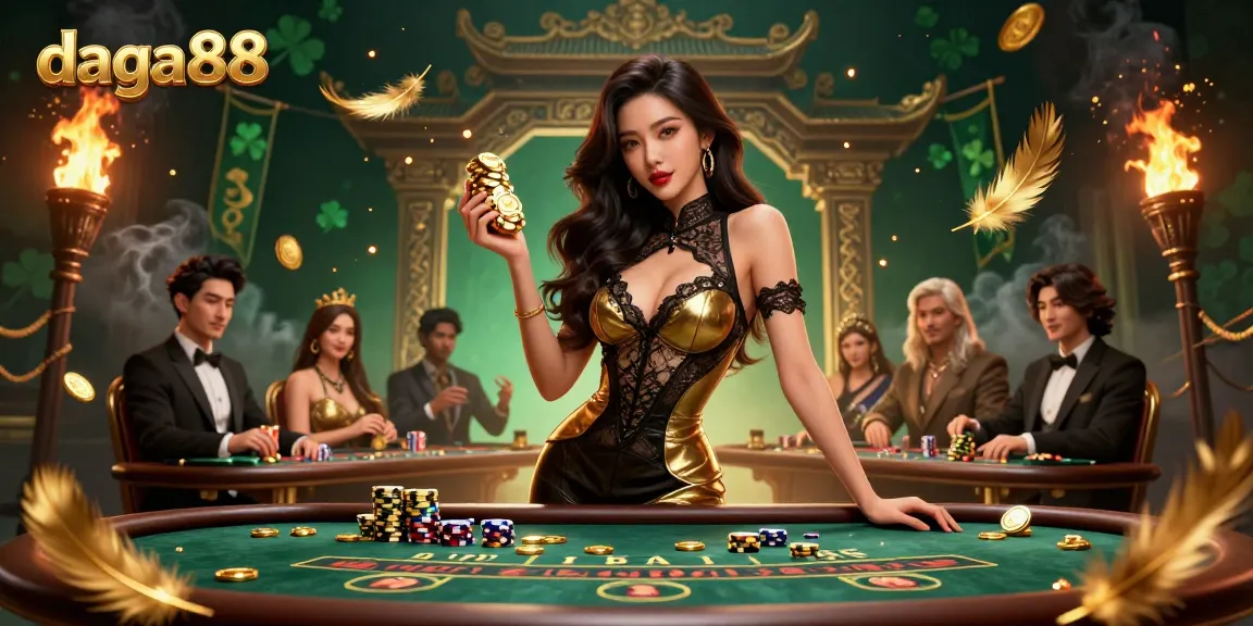 daga88 experience high-stakes baccarat with a stunning Asian woman at a luxury casino table.